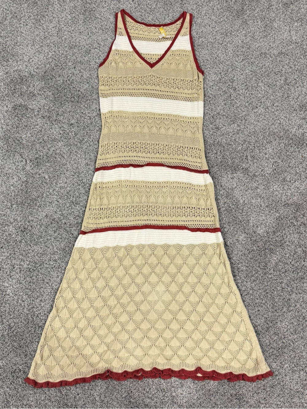 Etcetera Beige Open Knit Crochet Sleeveless Maxi Dress Linen Cotton Womenโs M